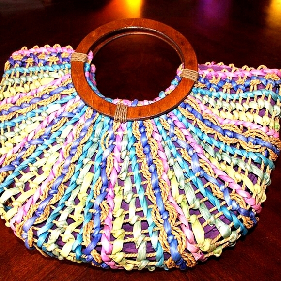 Cappelli Woven Straw Handbag β Boho Tote with Wooden Handles - Picture 3 of 7